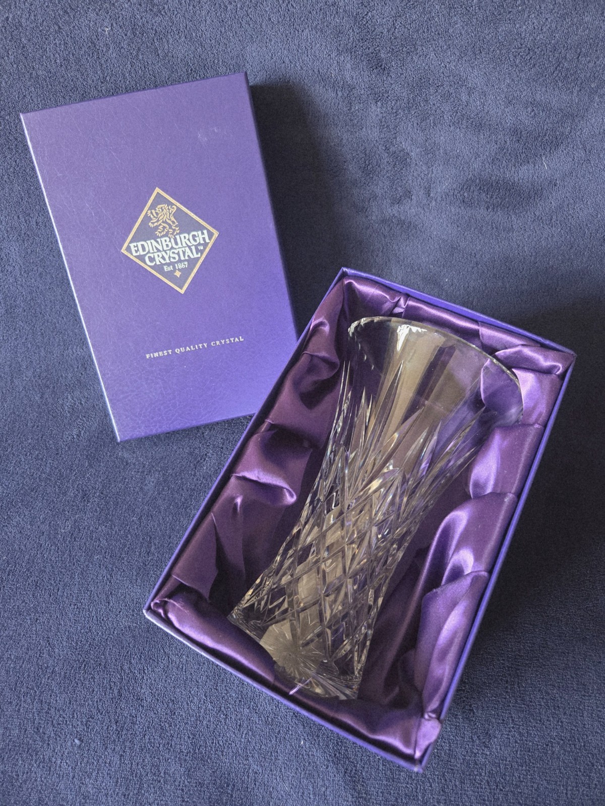 Edinburgh Crystal lead crystal vase 8″, top rim diam-5″, bottom diam-3″