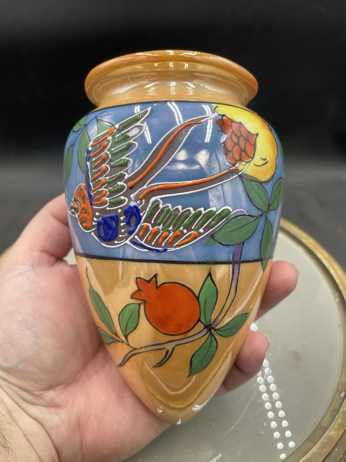 Vintage Japan Bird In Flight And Floral Lusterware Ceramic Wall Pocket 6” VG