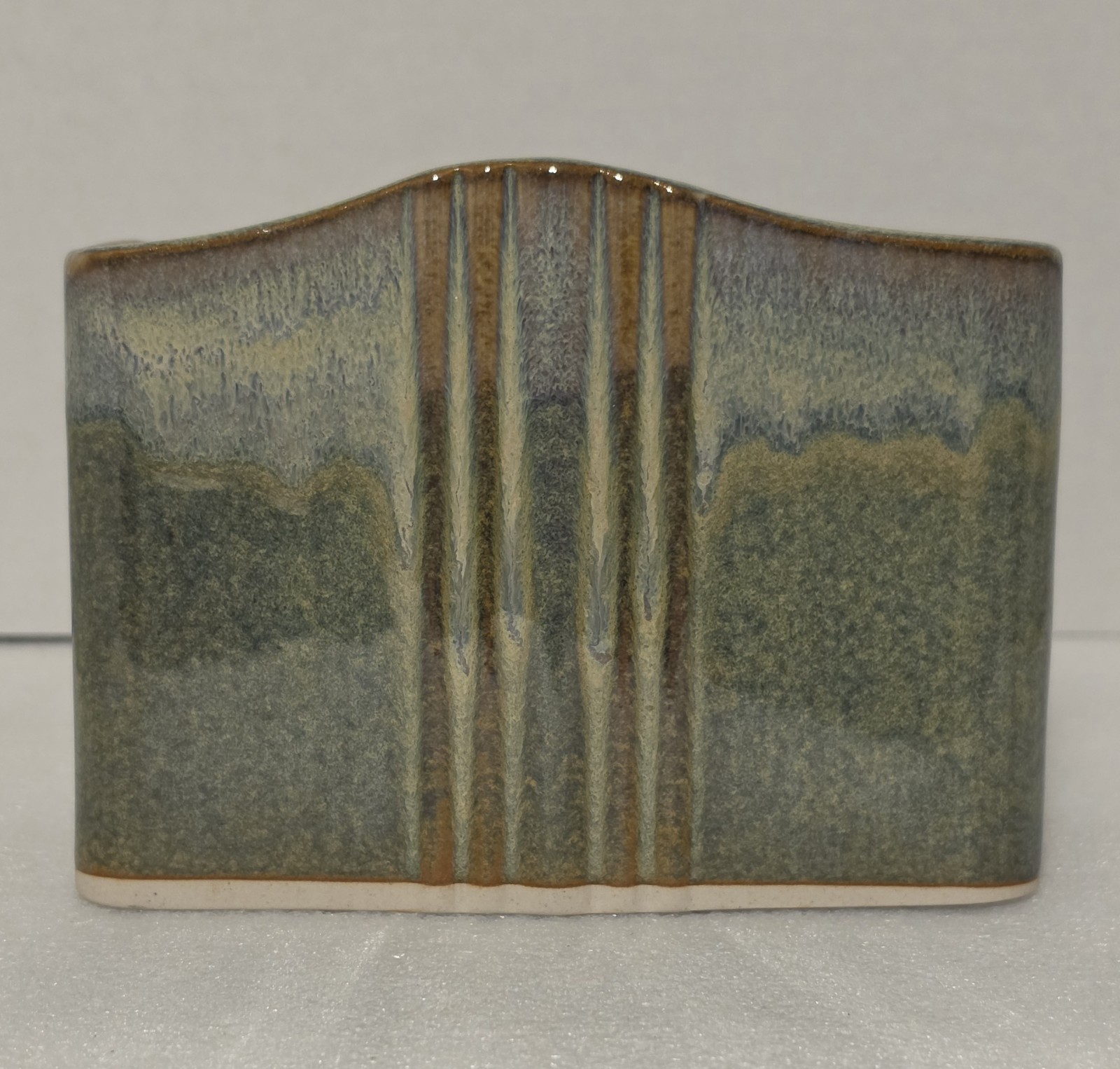 Vintage Bay Pottery Studio Art Vessel Vase Wavy Cache Pot Green Brown Drip 6.25″