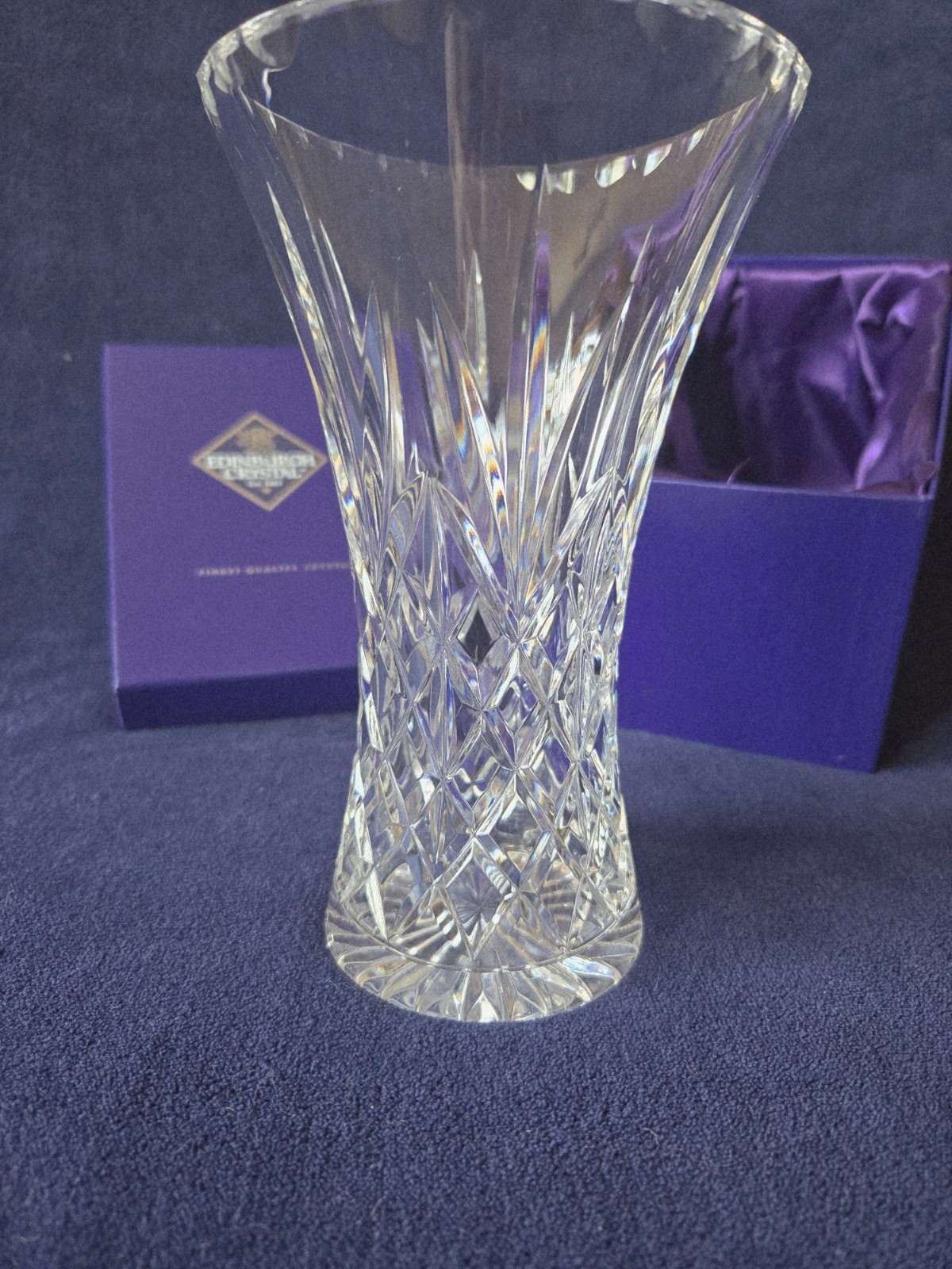 Edinburgh Crystal lead crystal vase 8″, top rim diam-5″, bottom diam-3″