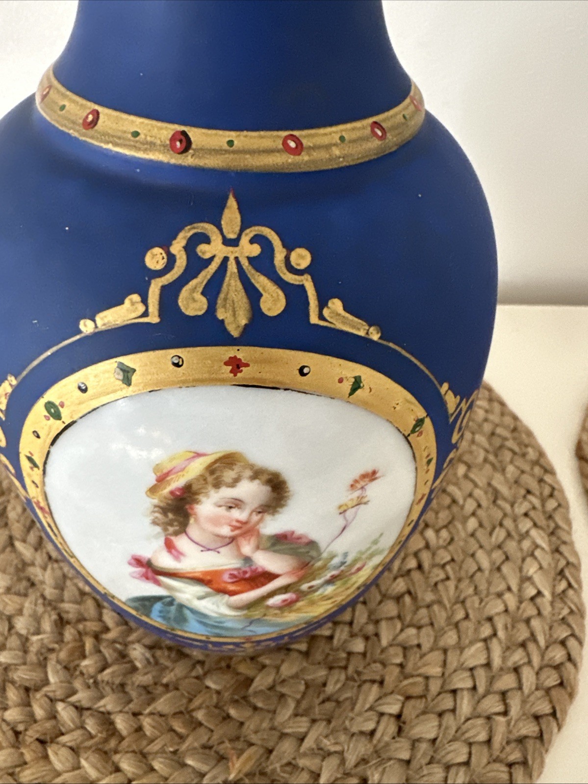 19C Old Paris Painted Neoclassical lady portrait Medallion Blue Gold Vase 13”