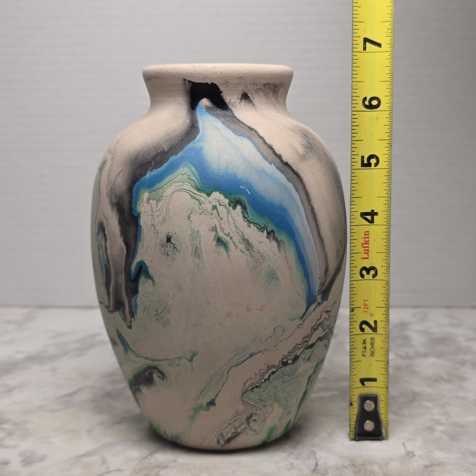 Vintage Nemadji Pottery Blue Green Black Swirl Tall Vase Handmade Clay Art
