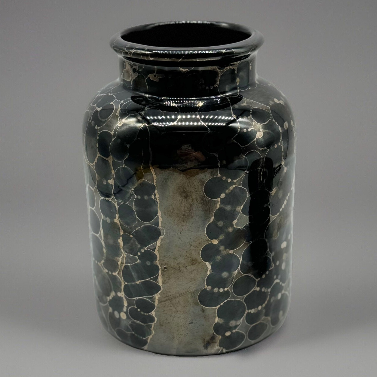 Gold Crystalline black Pottery canister- lidded bubble top apothecary jar, 9 in.