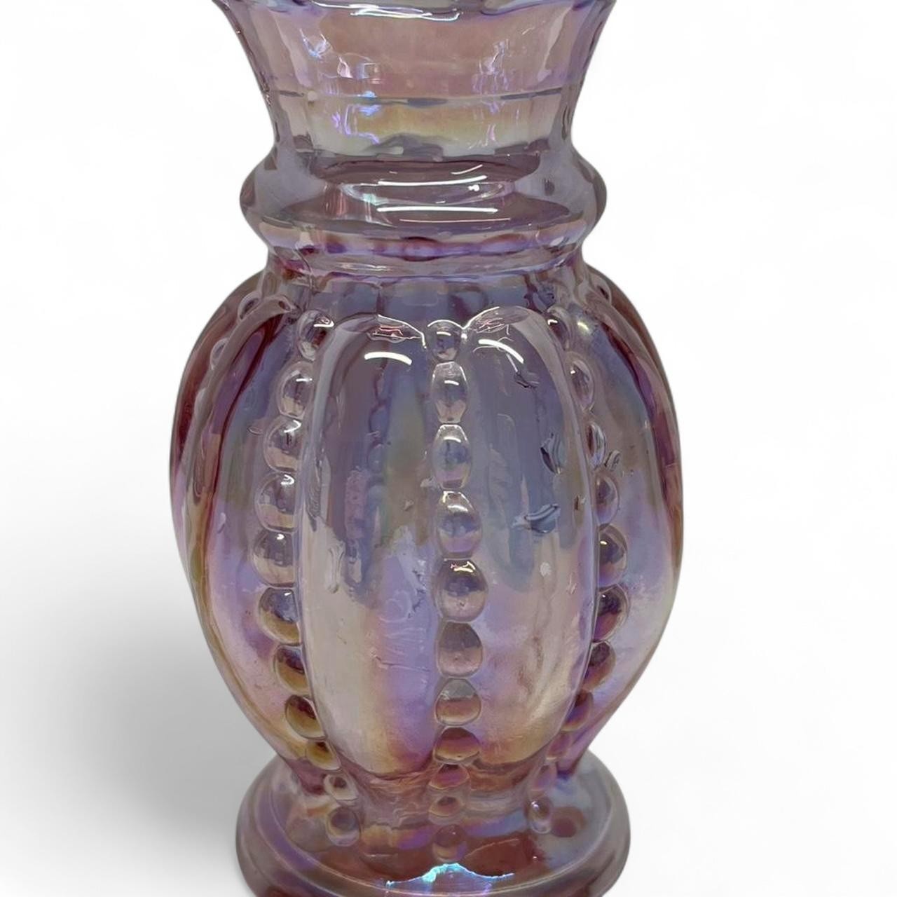 Fenton pink iridescent carnival glass beaded melon vase