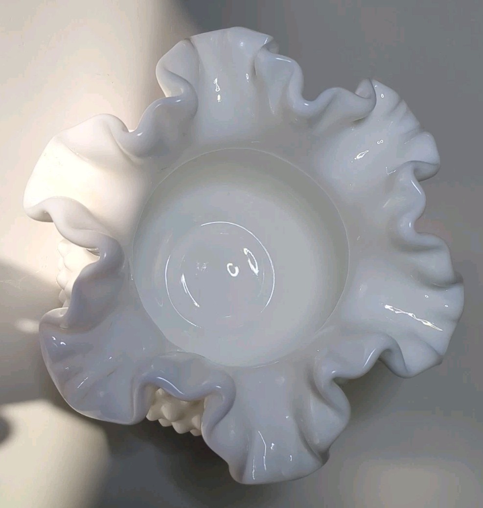 Vintage Large Fenton Milk Glass Hobnail Vase Rose Bowl Ruffled Edge 5.5” Tall