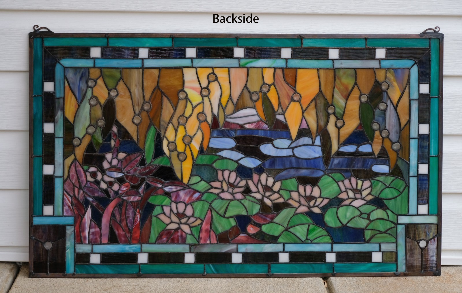 33.75″ x 20″ Tiffany Style stained glass window panel lotus waterlily pond HF834