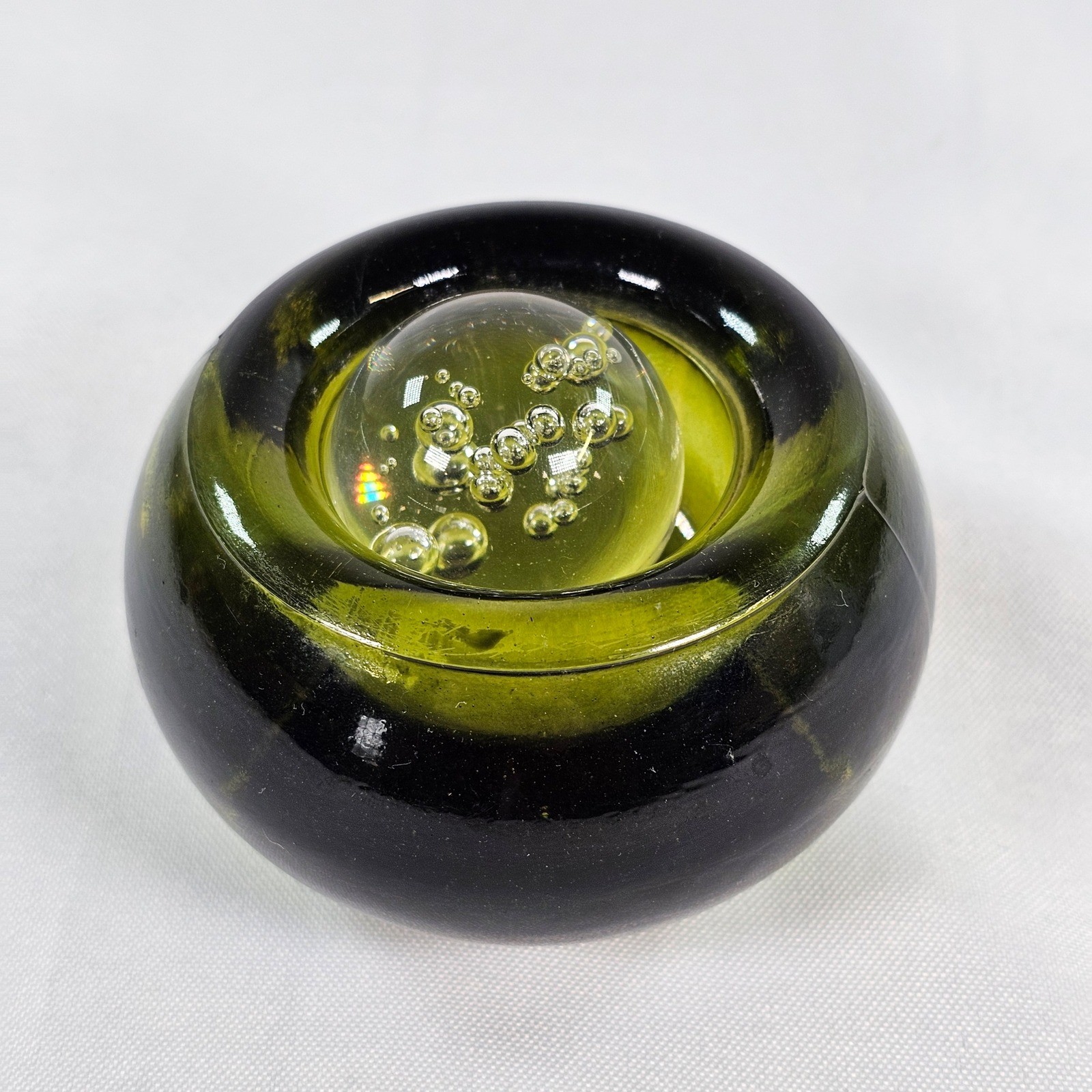 Vintage Olive Green Glass Inkwell Paperweight with Controlled Bubble Orb Stopper