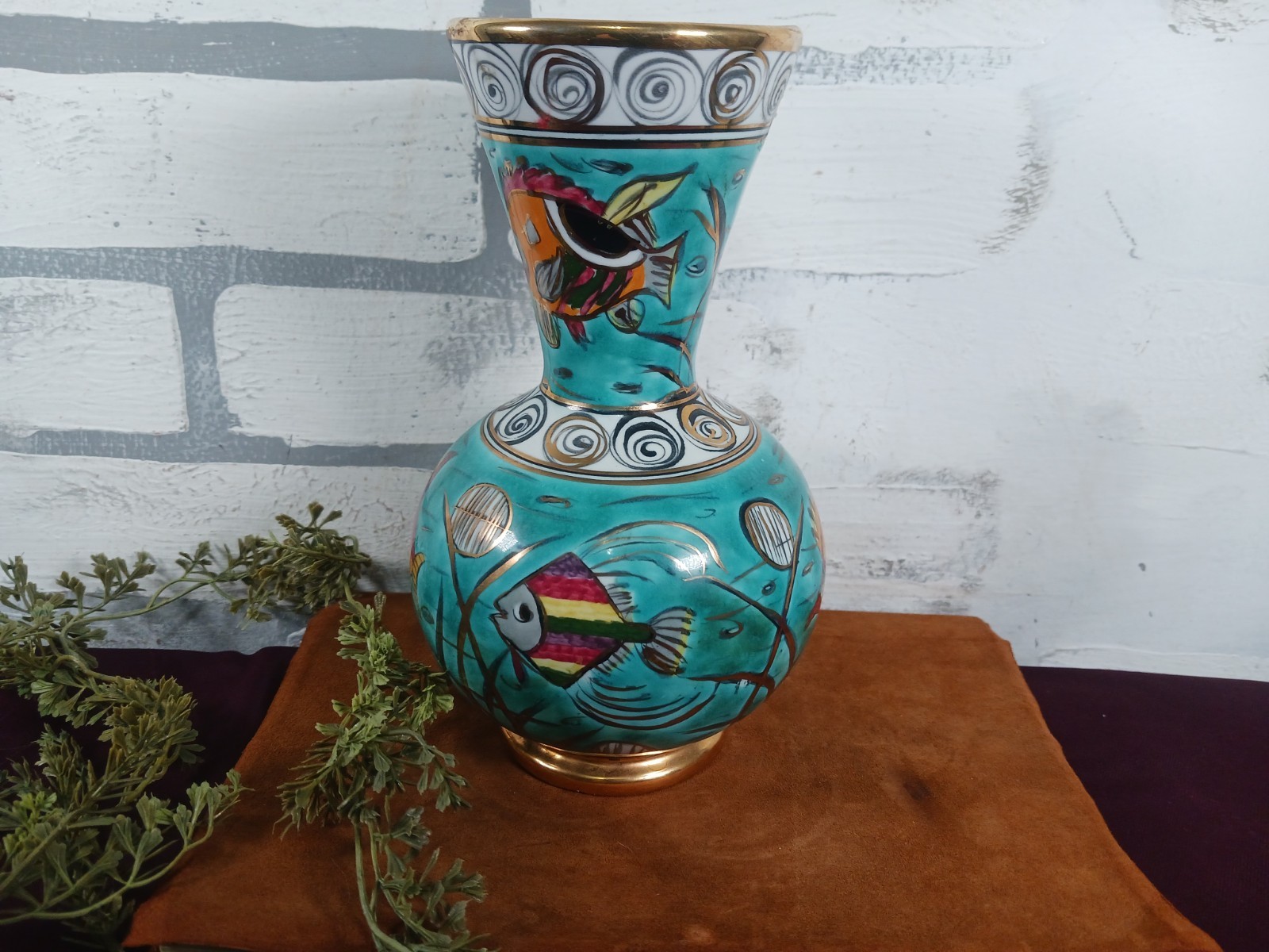 Fish Underwater Vase Handmade Greece Pottery Turquoise Shows Ware Inside Rim