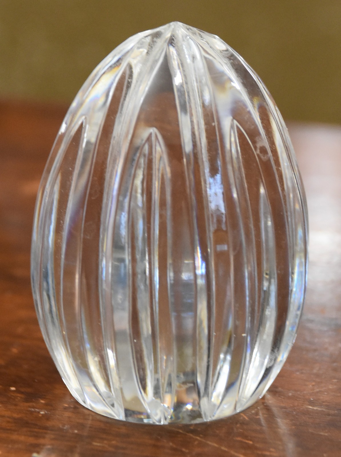 Hand Blown Art Glass Egg Paperweight Clear Cut Glass Decorative Collectible 3″