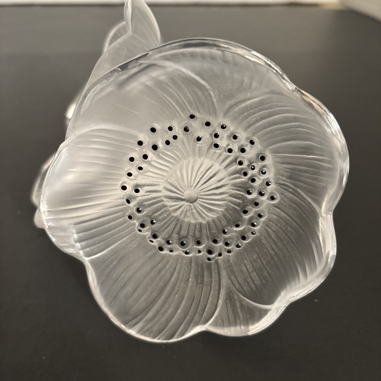 Lalique Crystal Anemone Double Flower Paperweight, Perfume Stopper Signed, 5″ T