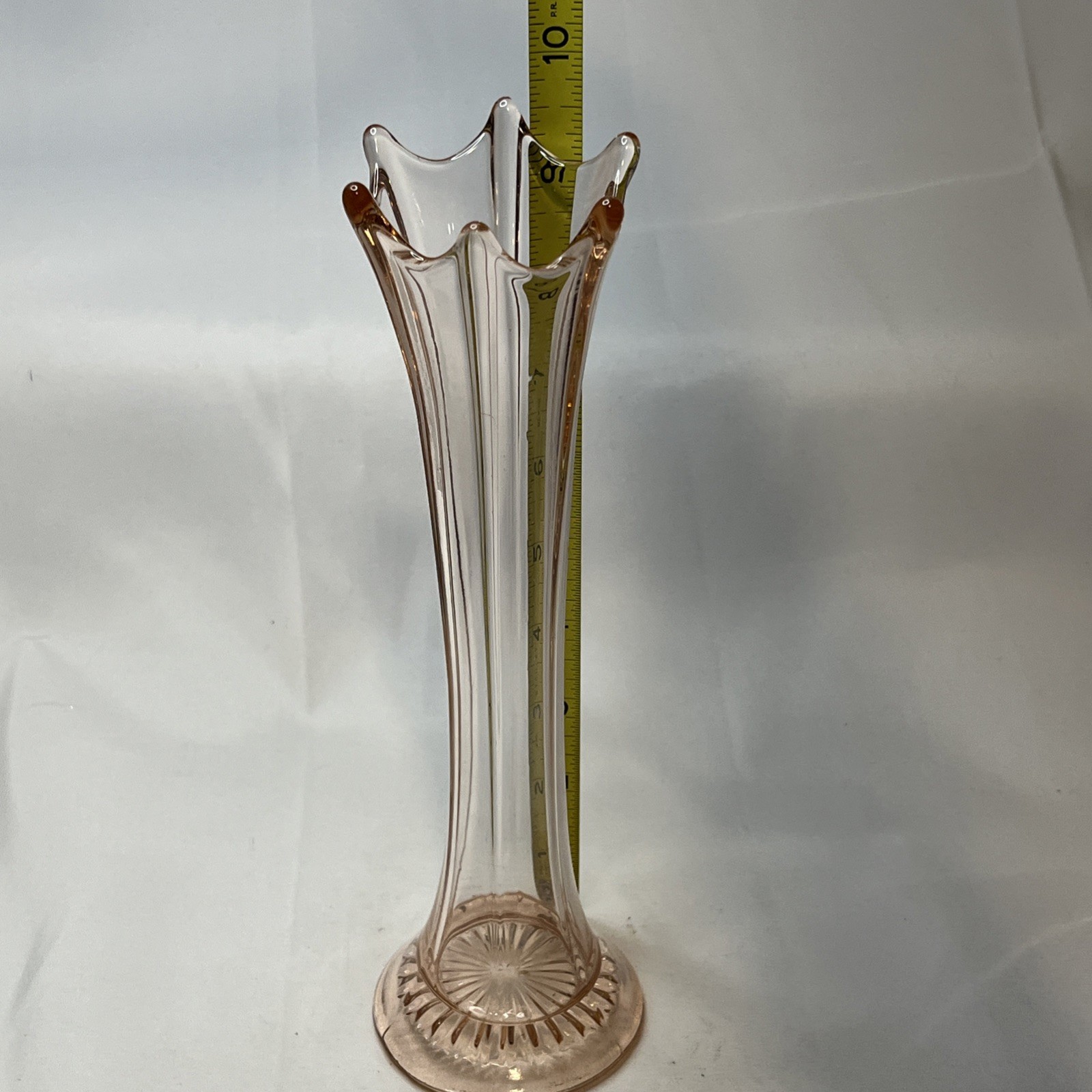 VTG Dugan Diamond Glass Pink Swung 6 Finger Ribbed Vase 9.5 Inches