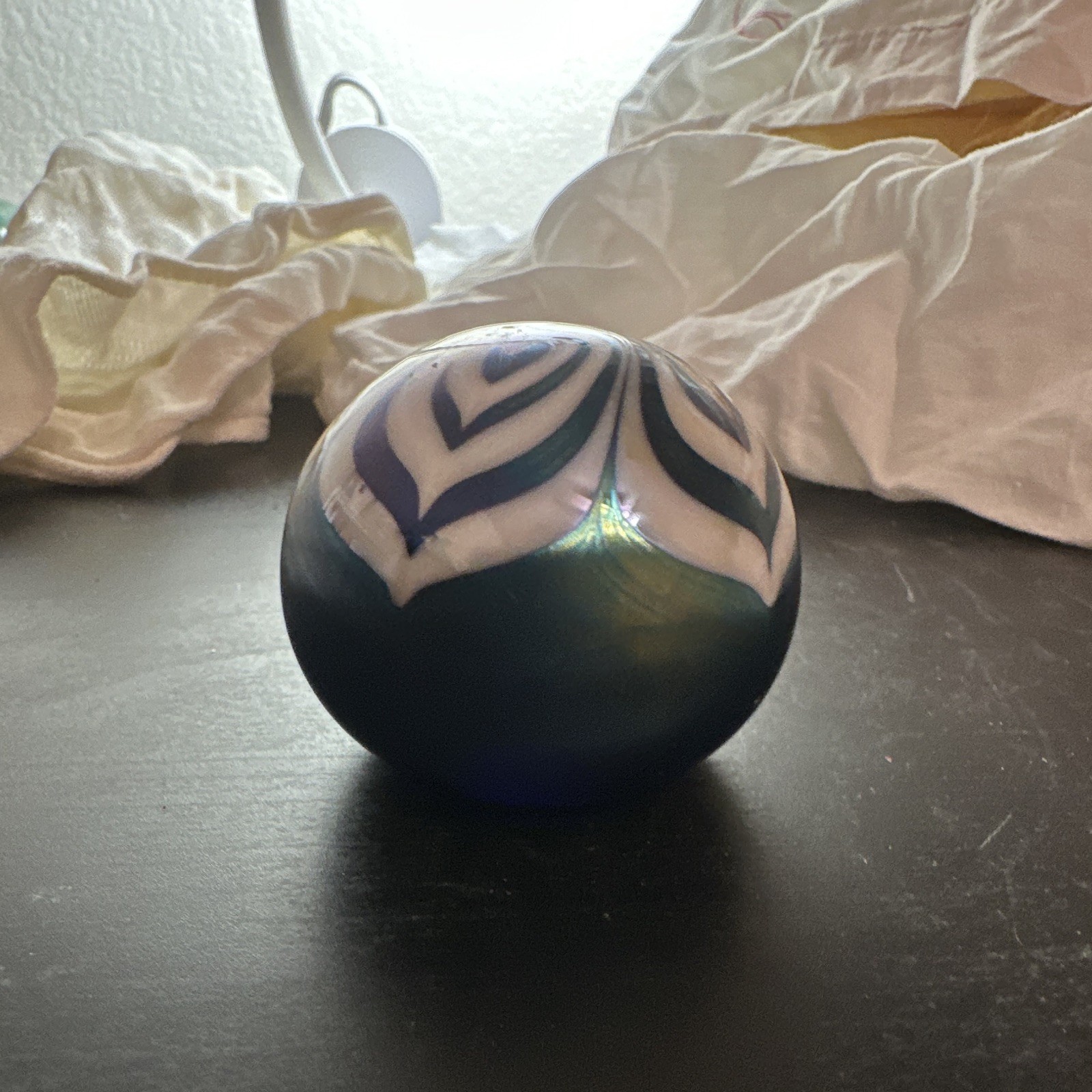 Eickholt Signed 1977 Blue & White Swirl Art Glass Orb Paperweight
