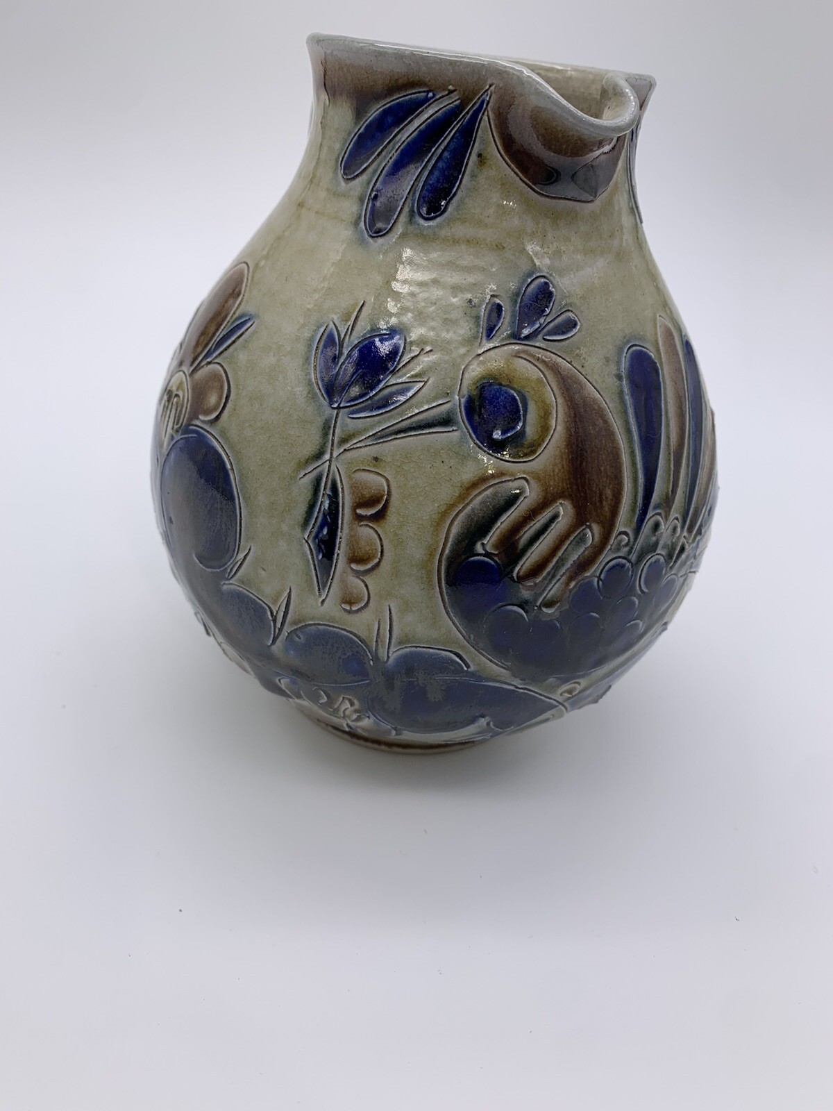 Vintage Studio Art Pottery Pitcher /Vase Salt Glazed Peacock Pattern Signed B.h