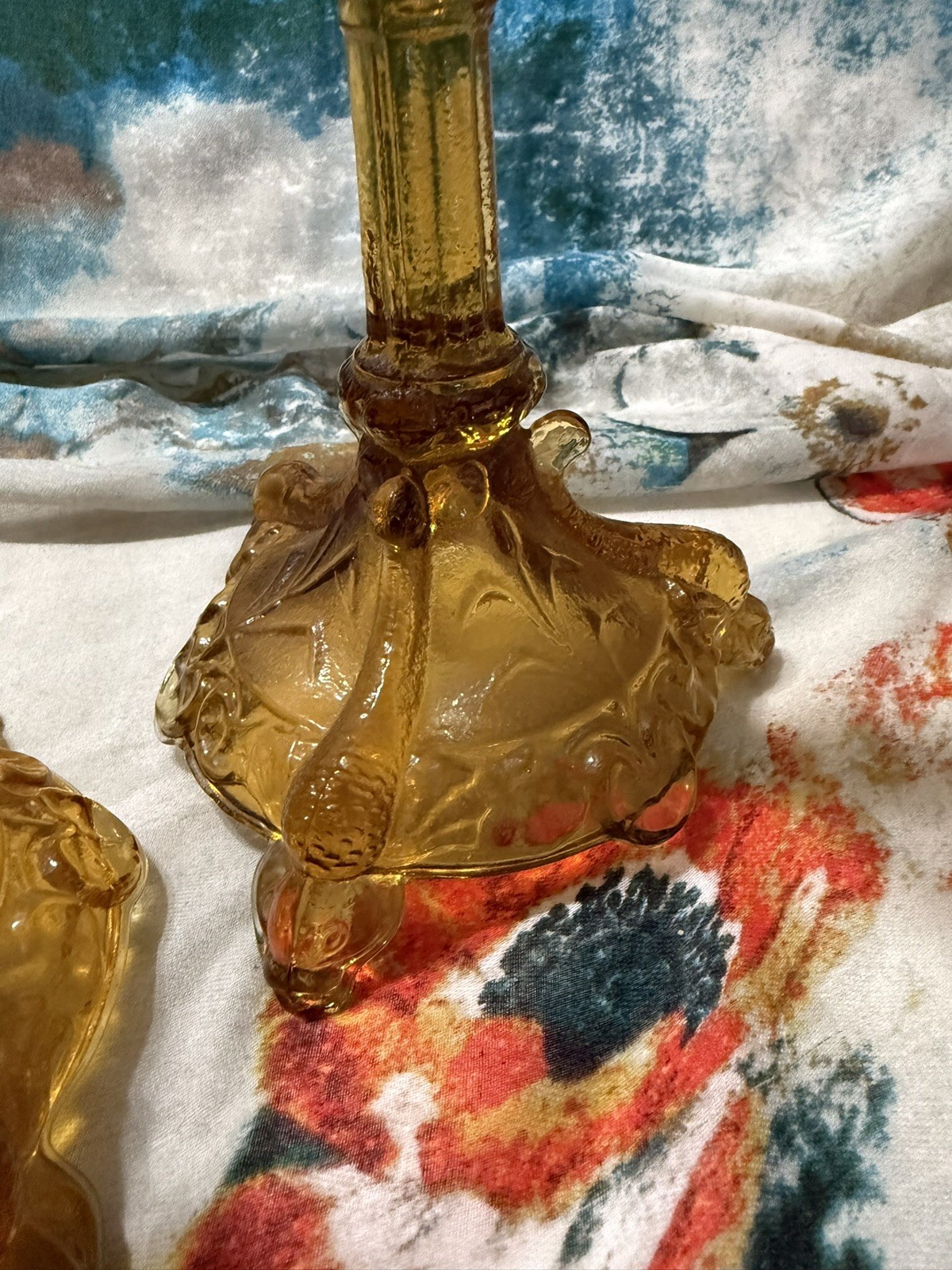 Vallerysthal Portieux Bavards Amber 9.25″ Candlesticks With Chained Prisms