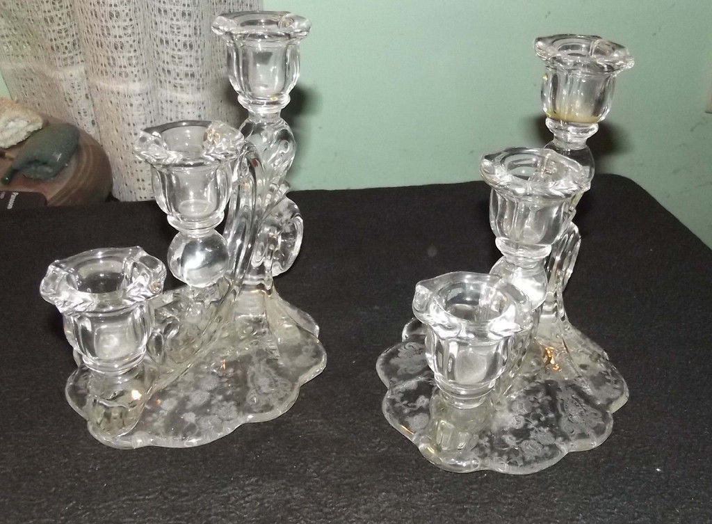 Cambridge Rose Point #1338 three light pair of candle holders