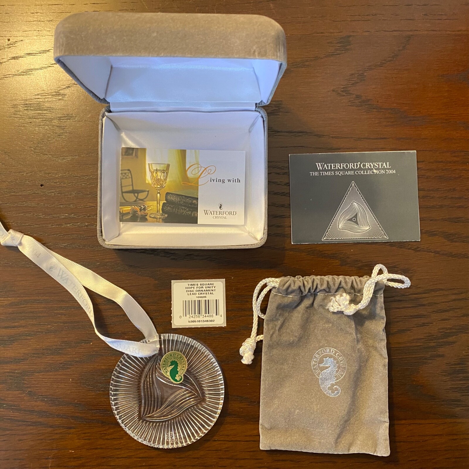 NIB Waterford Crystal Times Square Hope For Unity Disc Christmas Ornament Ribbon