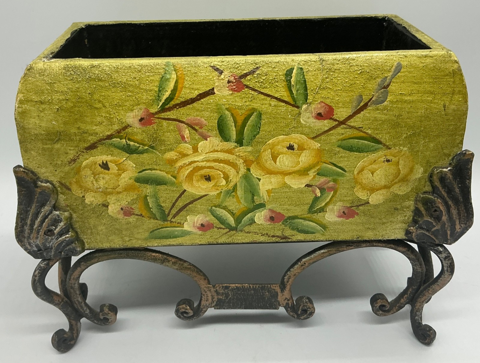 Decorative planter on metal stand folk art floral 8.5” X 6.5” X 5” depth is 3.5”