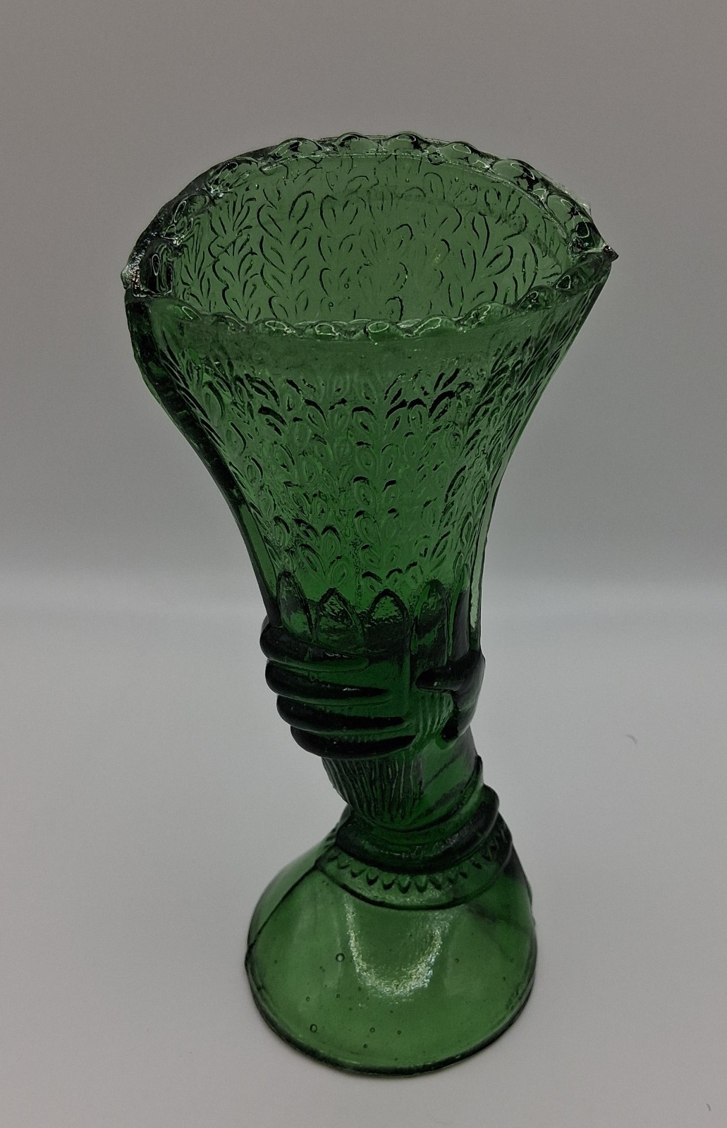 Rare Green Small Glass Hand Vase. Stored In Box, Never Displayed.
