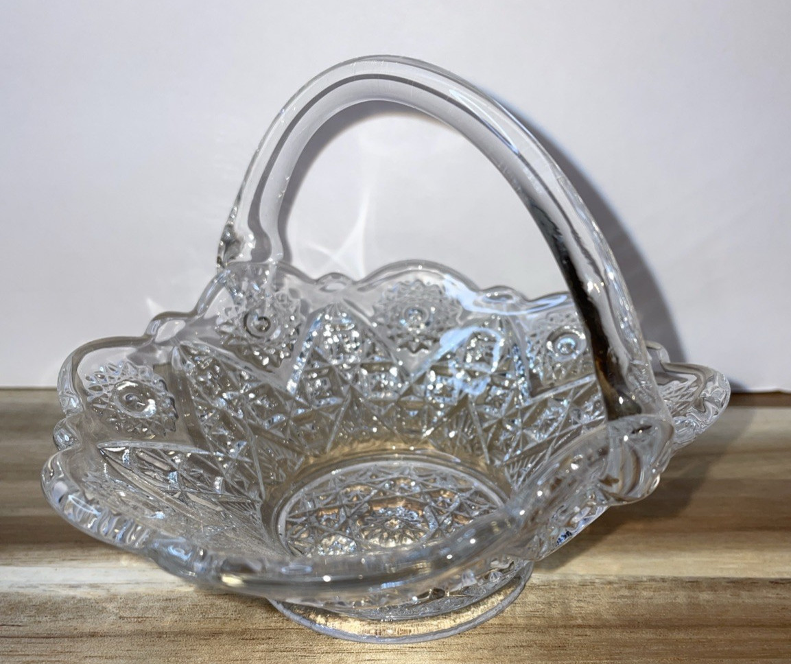 Clear Glass Basket Bowl With Handle Crystal Type 4″ Tall x 5″ Wide Used