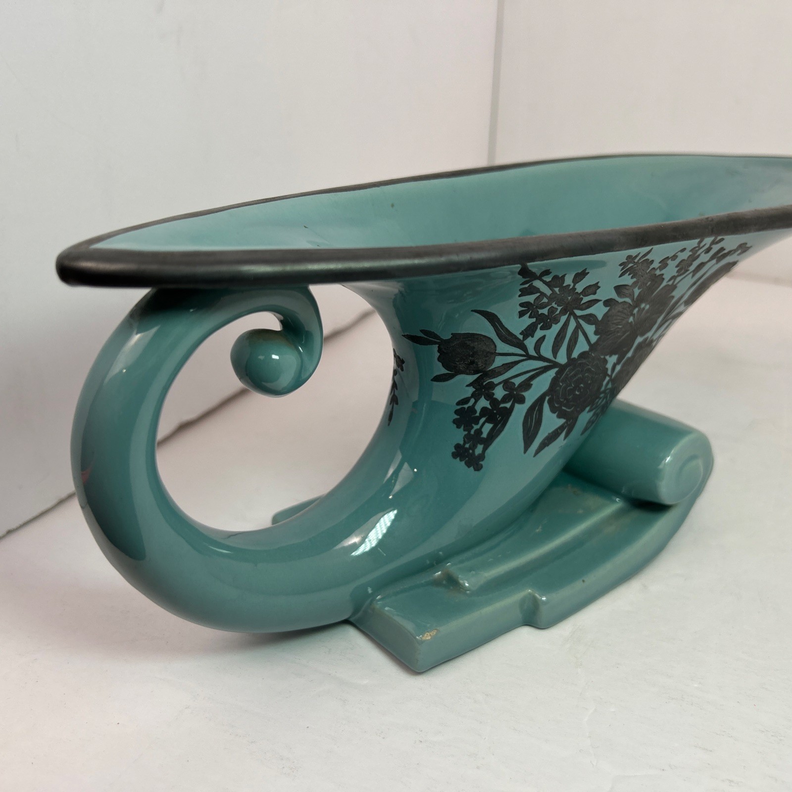 Haeger Pottery Art Deco Teal Cornucopia Vase Scroll Base Sterling Silver RARE