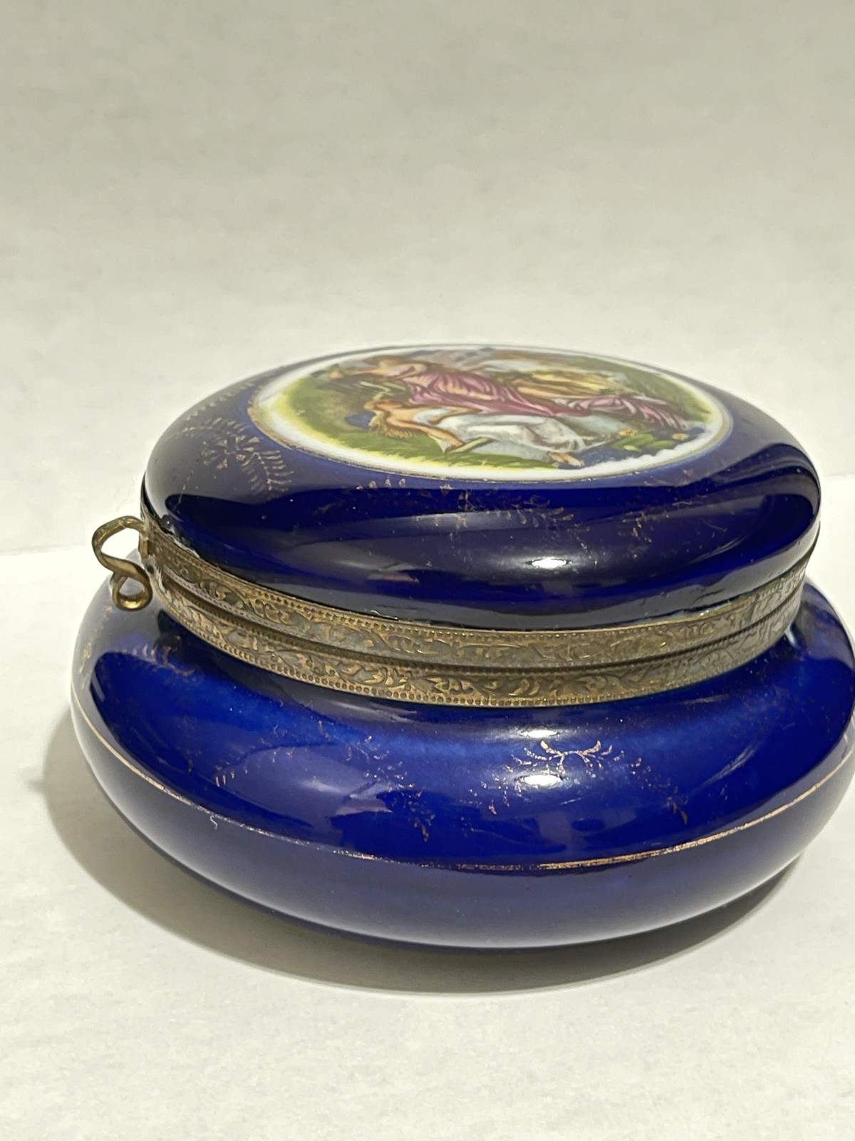 Vintage Cobalt Blue Porcelain Hinged Trinket Box Floral Victorian Scene Japan