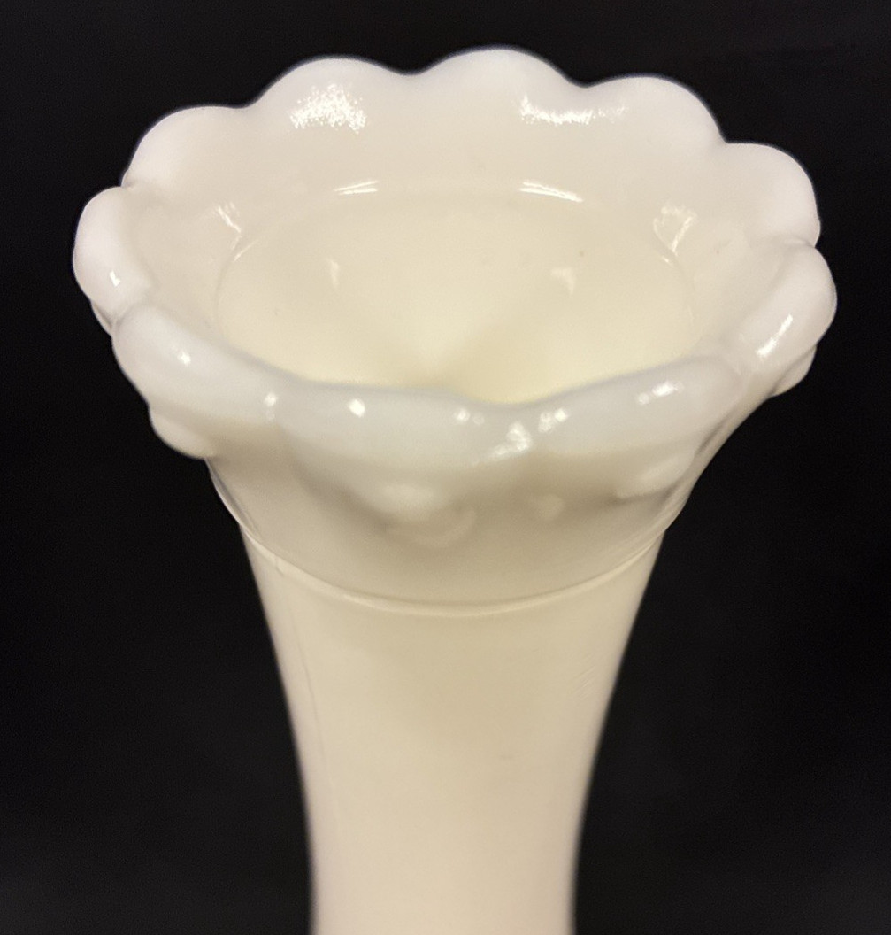 Vintage White Milk Glass Flower/Bud Vase w/ Beaded Row Scalloped Top 9″ tall
