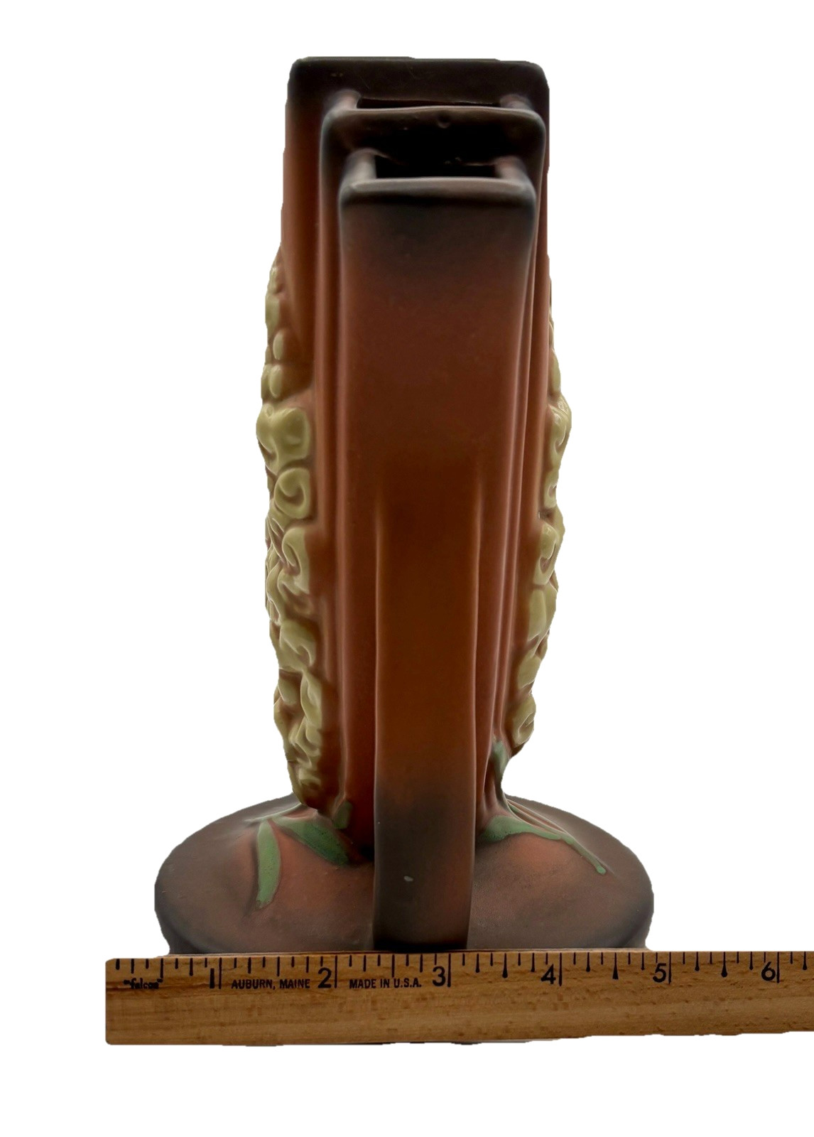 Reproduction Roseville Brown Foxglove Fan Handled Vase – #117-8 – 5 Openings EUC