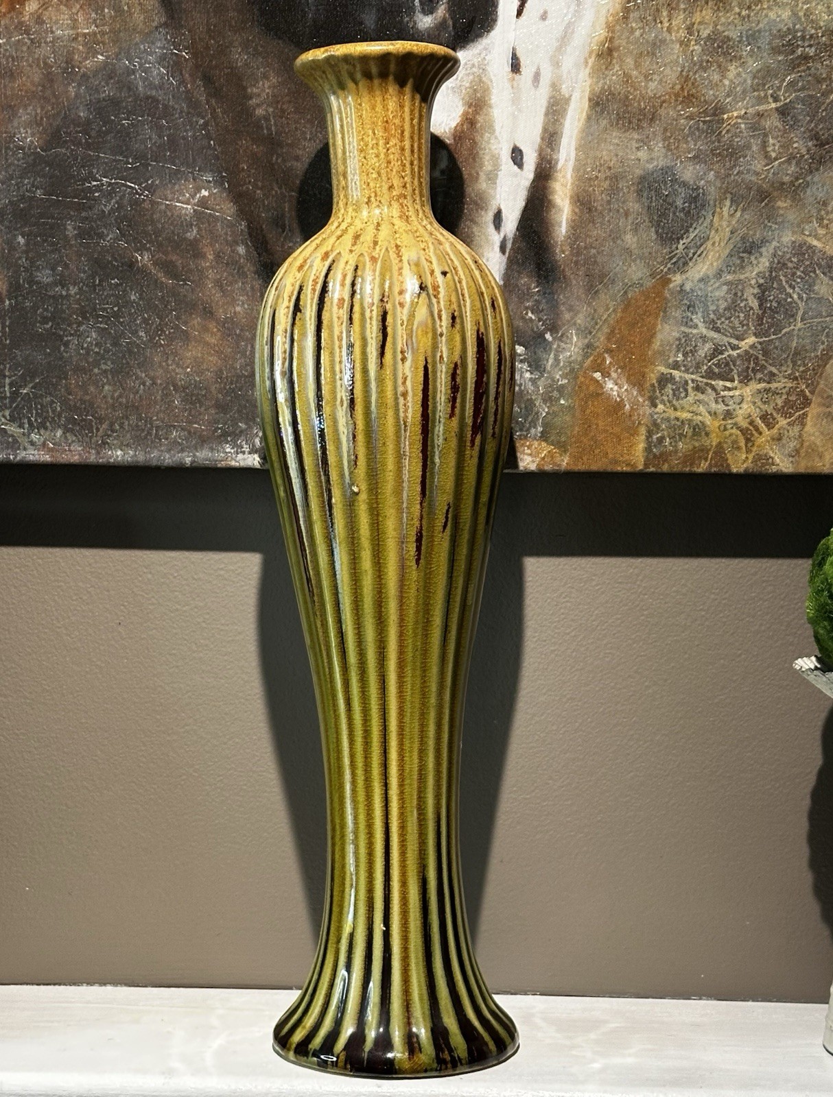 VTG MCM Studio Art Pottery Drip Glaze Fluted Vase 17.5″ Green/Rust