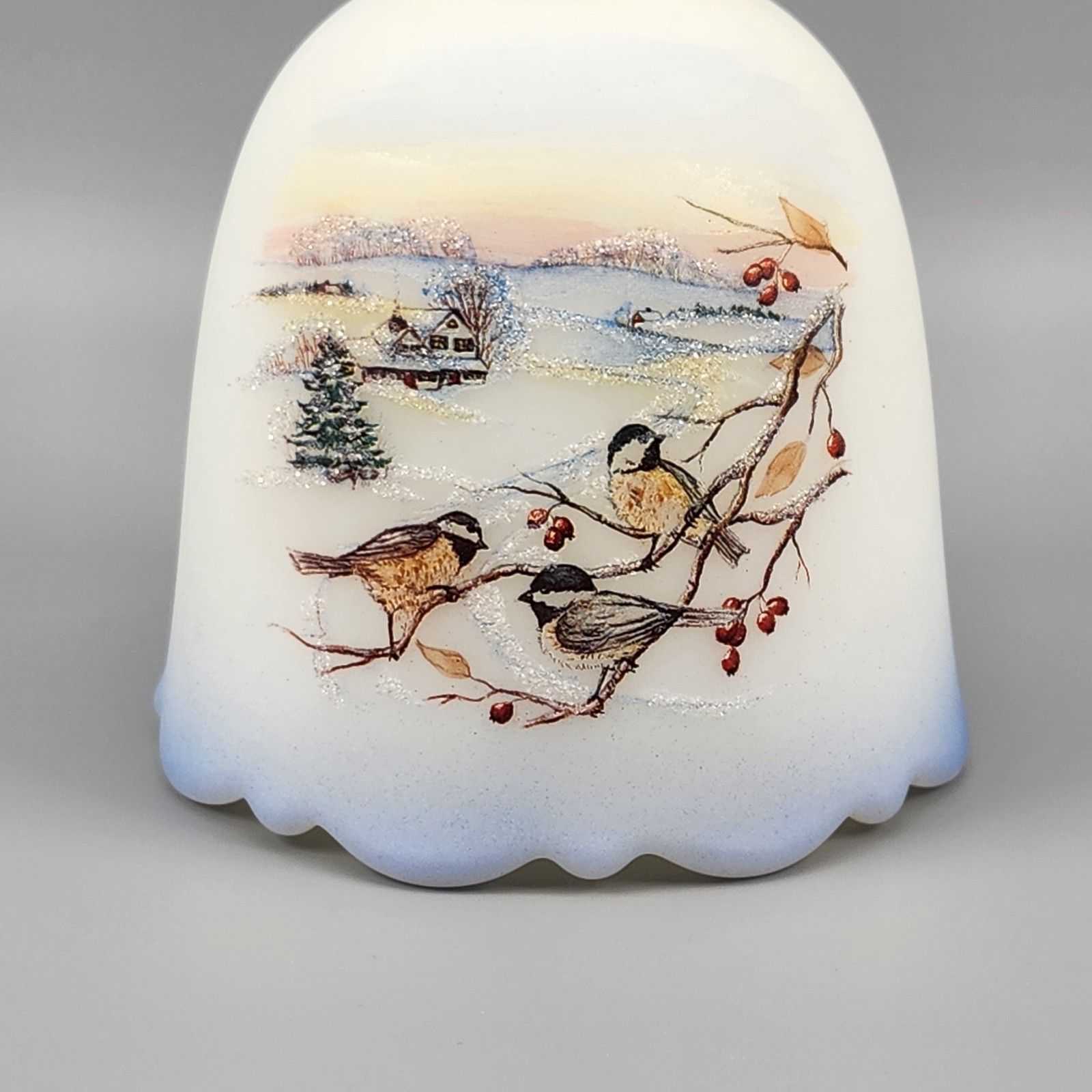 Fenton Satin Glass Bell Birds in Winter Second Edition Chickadee Ballet Signed