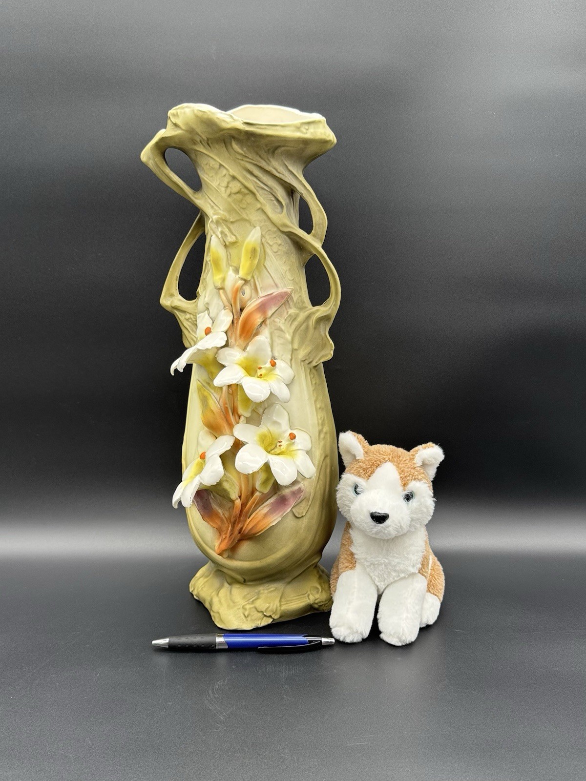 Royal Dux Vase, Easter Lilies, Art Nouveau, Double Handle, Turn Teplitz, 16″