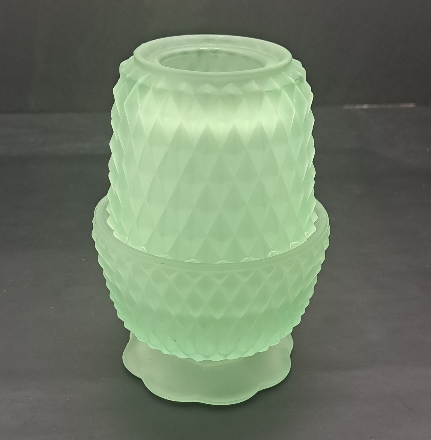 Fairy Lamp -Vintage Indiana Glass Frosted Green Diamond Point Patten