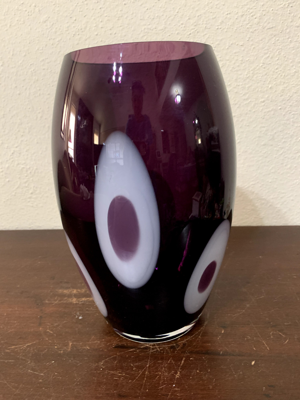 Blown Crystal Glass Amethyst Purple White Vase 11.5 x 5.25 x 4.25″ Sasaki?