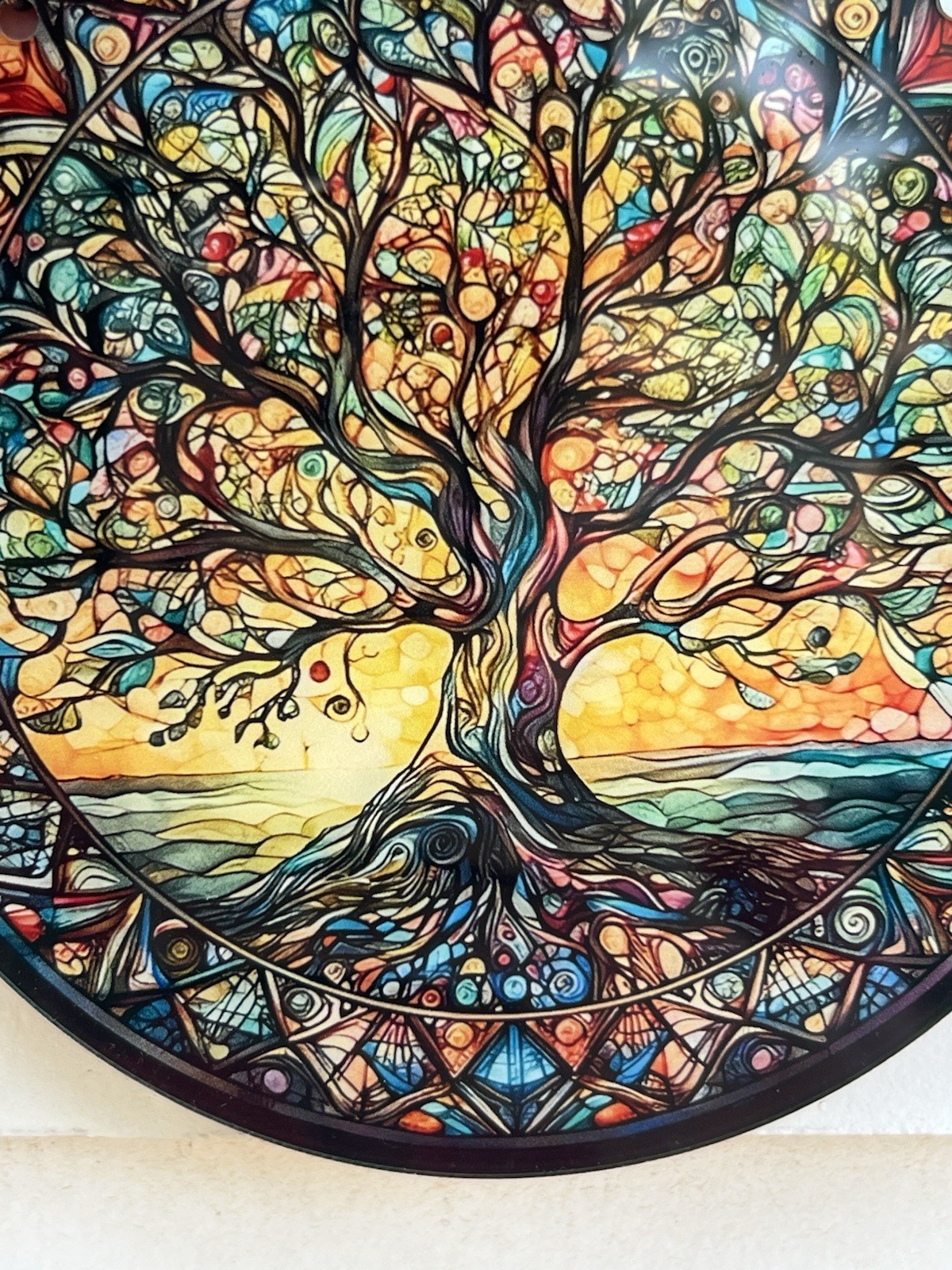 Round Tree of Life Stained Glass Style Multicolor Glass Hanging Suncatcher Chain
