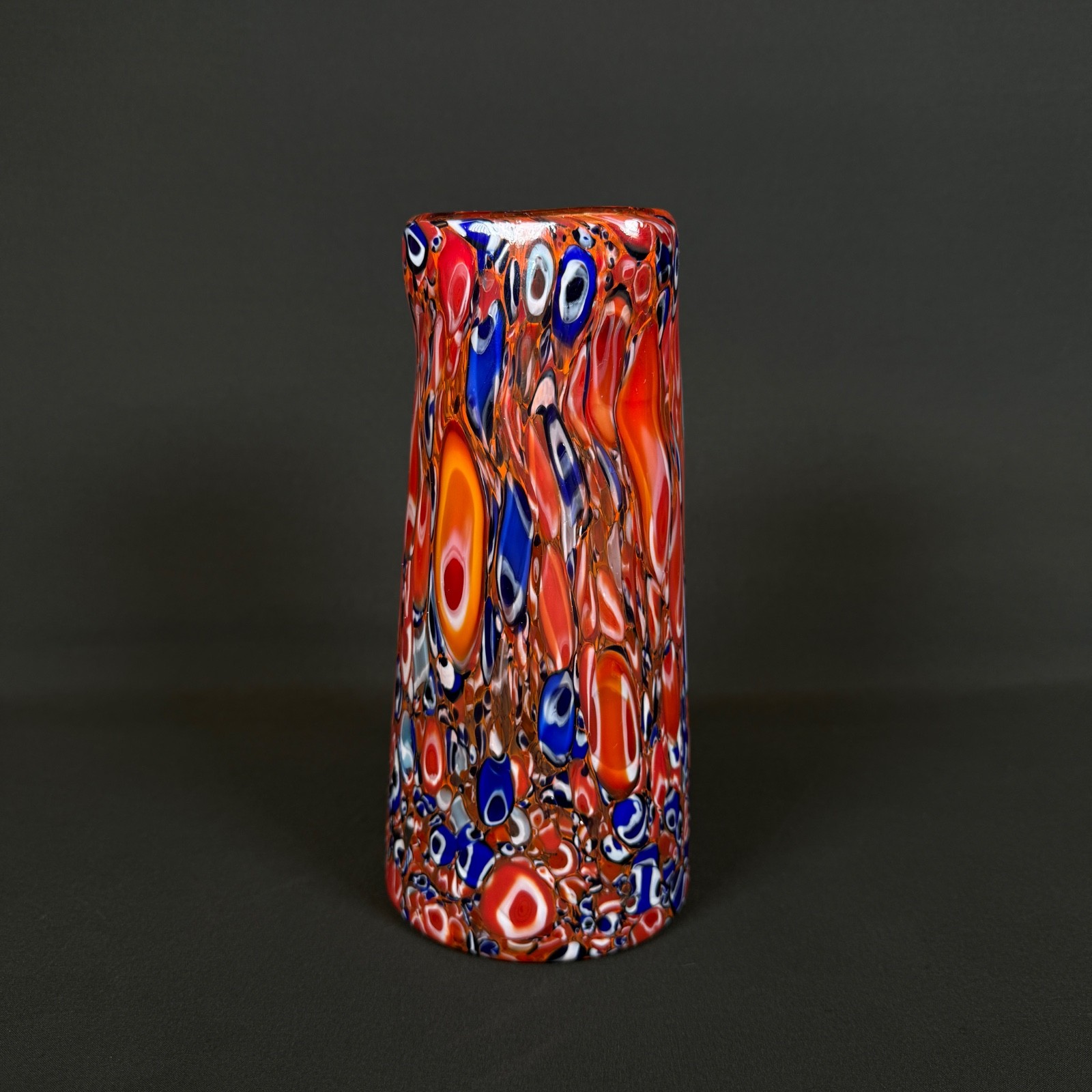 Murano Millefiori Art Glass Vase Red Orange Blue Multicolor 8″ Tall