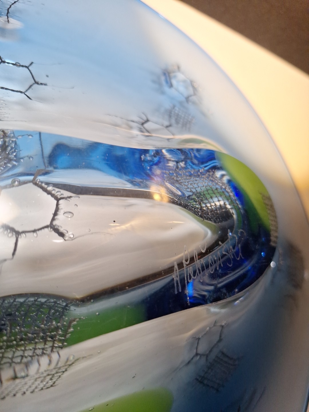 Large Adam Jablonski Poland Art Glass Undated Signed Metal Embedded Centerpiece