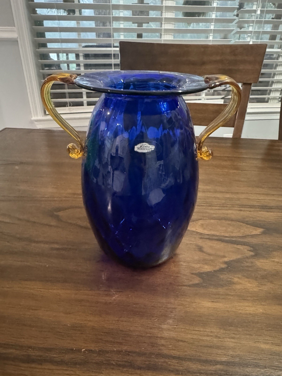 VTG Blenko Handcraft Art Glass Vase Cobalt Blue and Amber Gild Handles