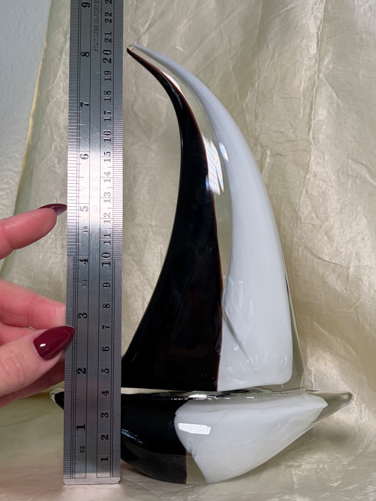 Modern Hand Blown Art Glass Sailboat Sculpture Black White Nautical Decor