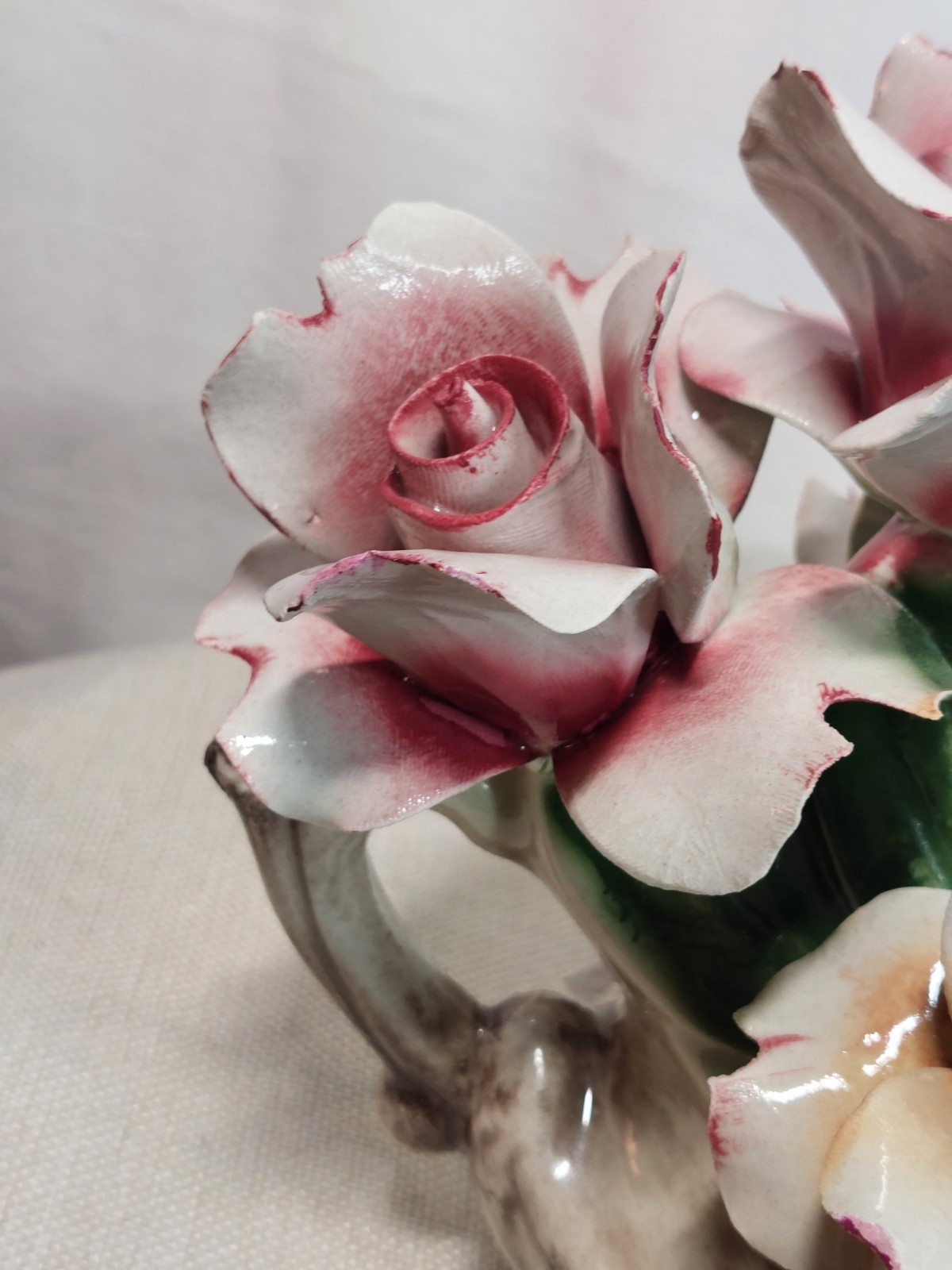 Vintage Capodimonte Pink Yellow Roses Porcelain Bouquet Italy Shabby Chic Decor
