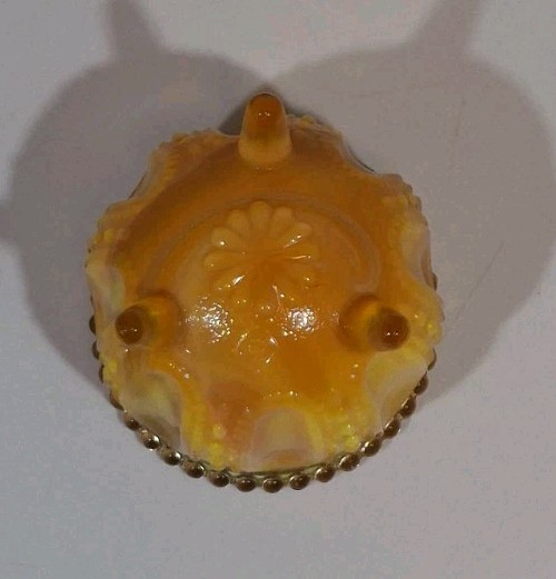 Boyd Glass Gypsy Pot Cauldron Toothpick Candle Holder Yellow Orange Slag UV Glow
