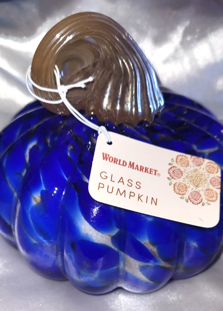 2 Art GLASS BLUE, WHITE & GOLD FALL PUMPKIN FIGUREs TWISTED STEM New
