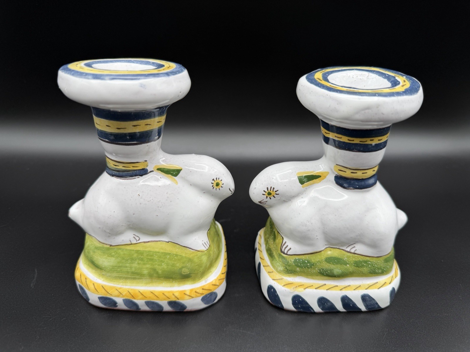 Art Pottery Bunny Rabbit Candle Holders 5” Hand Painted Pair Easter Portugal