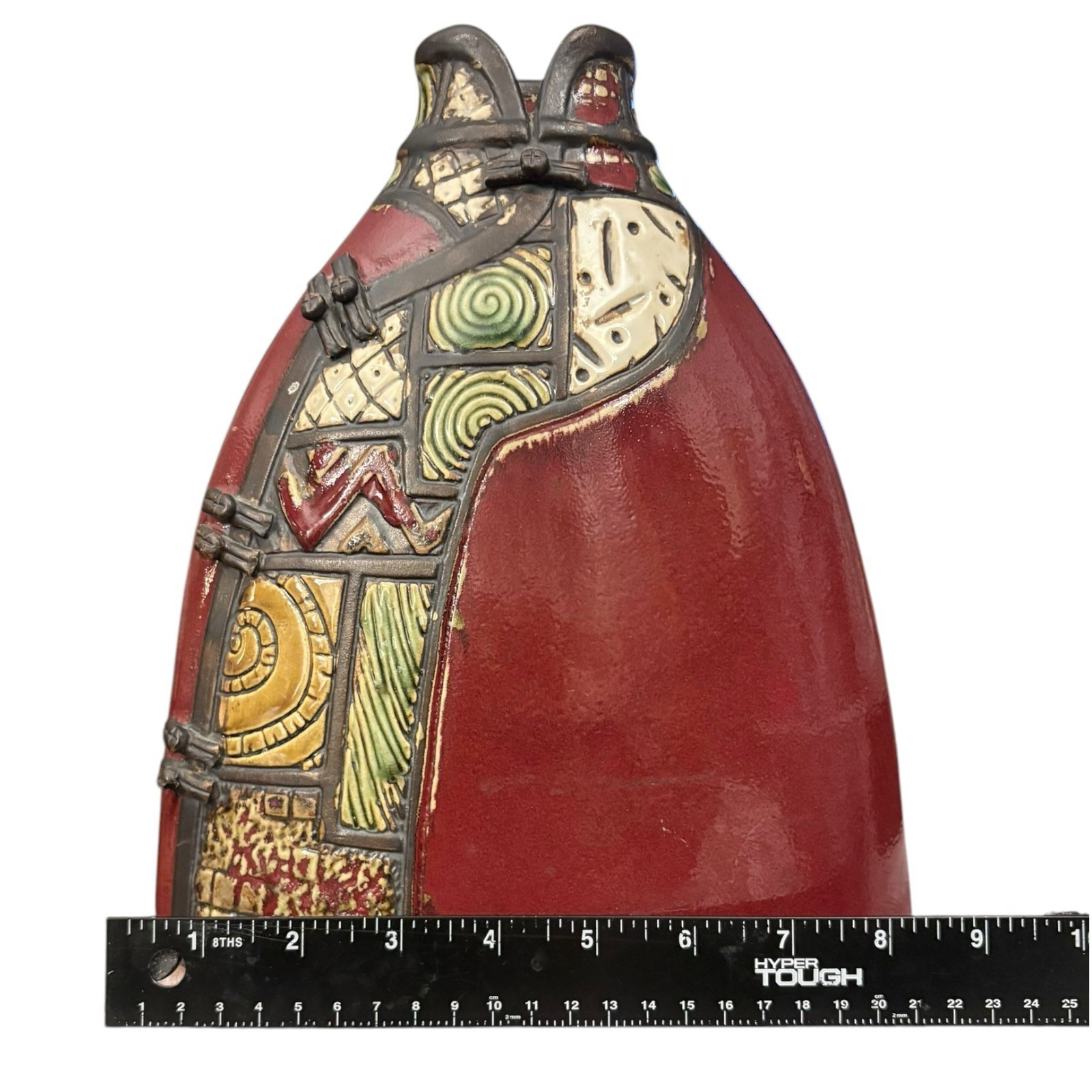 Art Pottery Vase Cloisonne Style Red Abstract Geometric Decor Folk Art 10” Tall
