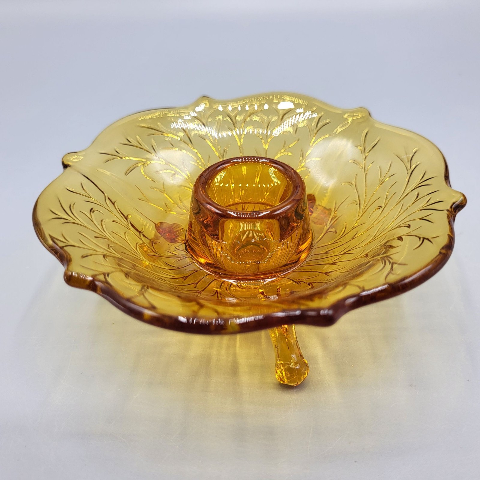 Vtg Fostoria Amber Glass Floral Footed Candle Holder Home Table Decor