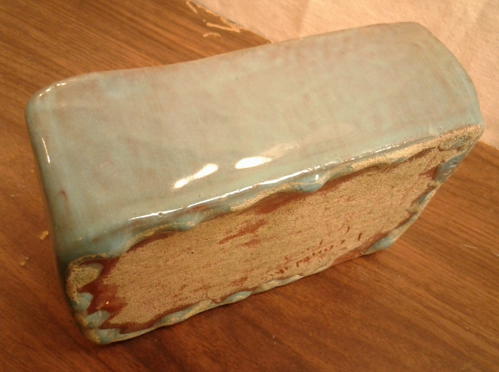 Vintage Studio Art Pottery Redware Turquoise Drip Glaze Rectangle Planter Signed