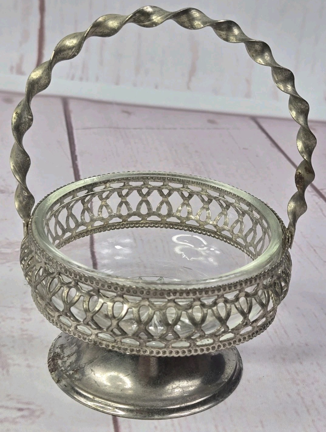 Vtg Hand Blown Candy Nut Silver Plate Glass Bowl Dish Rose Basket Twisted Handle