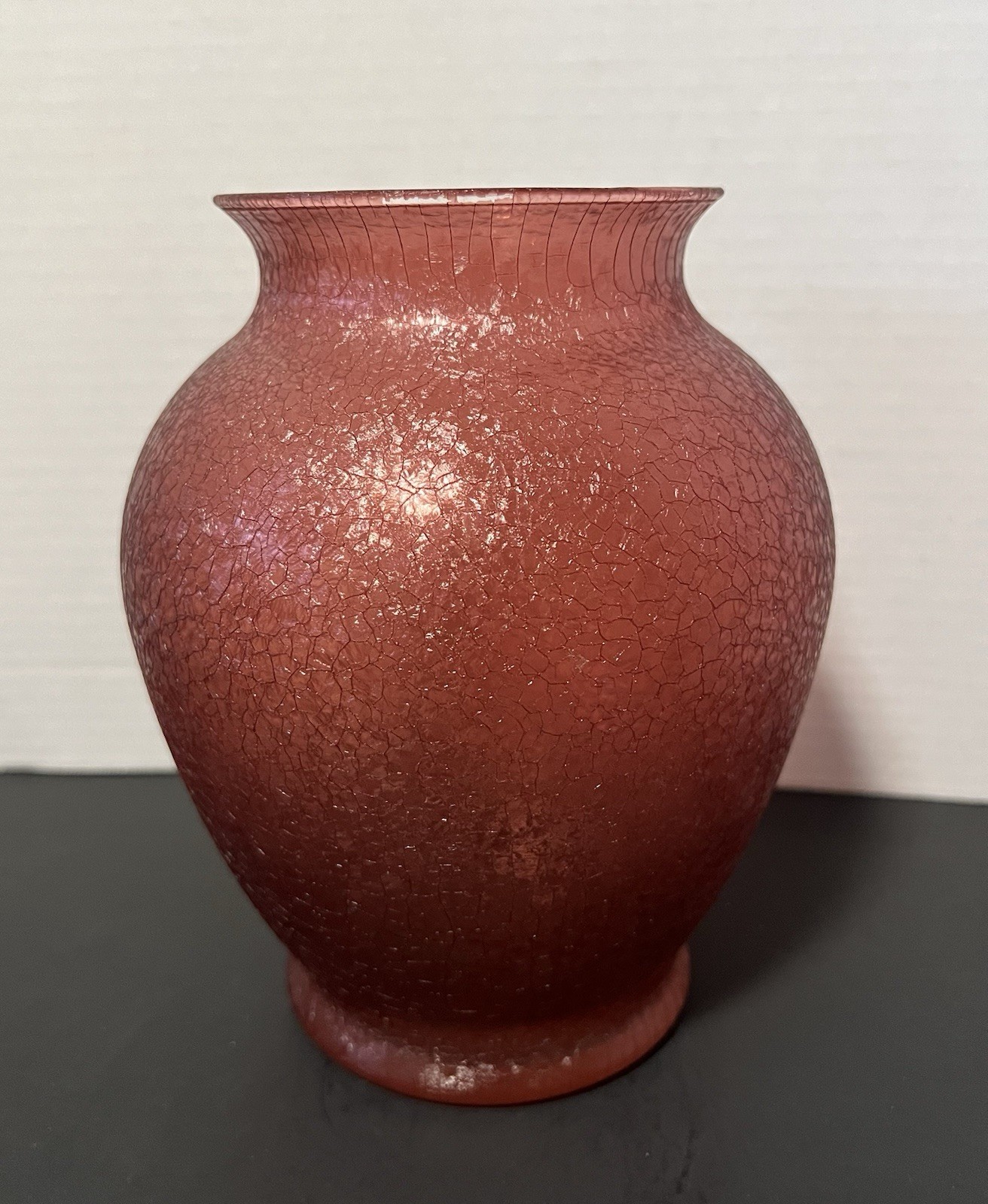 Frosted Ruby Reb Grapefruit Glass Vase Crackle Finish 7.5”H