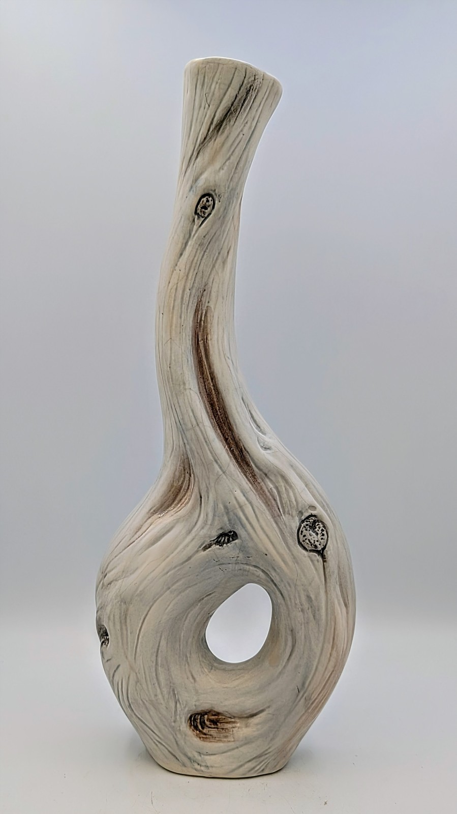 14.5″ Studio Pottery Faux Bois Vase Whitewashed Driftwood Look Modern Art