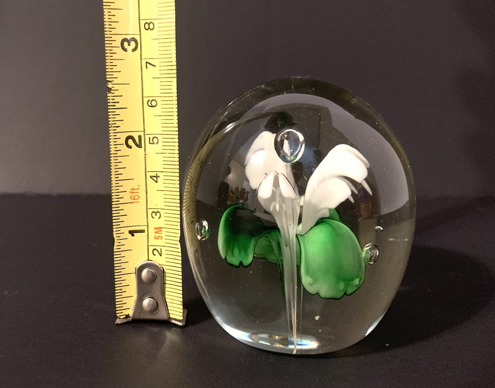 Vintage Hand Blown Art Glass Paperweight Green And White Flowers with Bubble