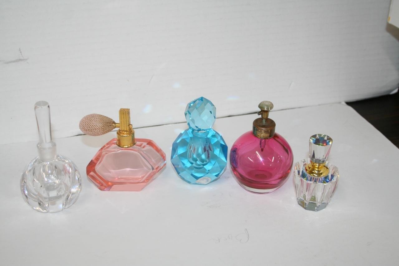 Vintage Collection of 5 Crystal Perfume Bottles Orrefors, Irice, Okuna, Czeck