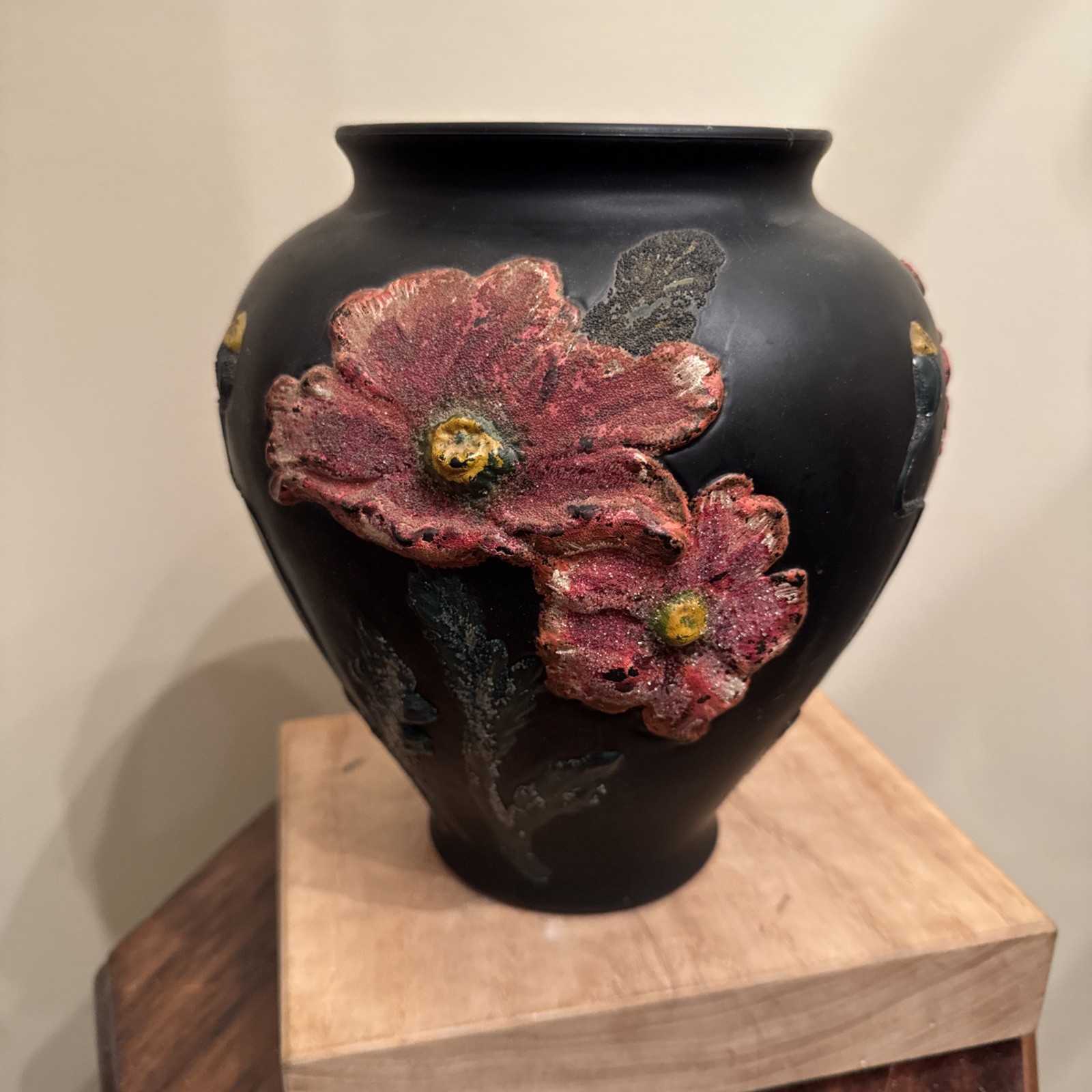 Vintage TIFFIN GLASS 1930s Art Nouveau Black Satin Glass Coralene Red Poppy Vase
